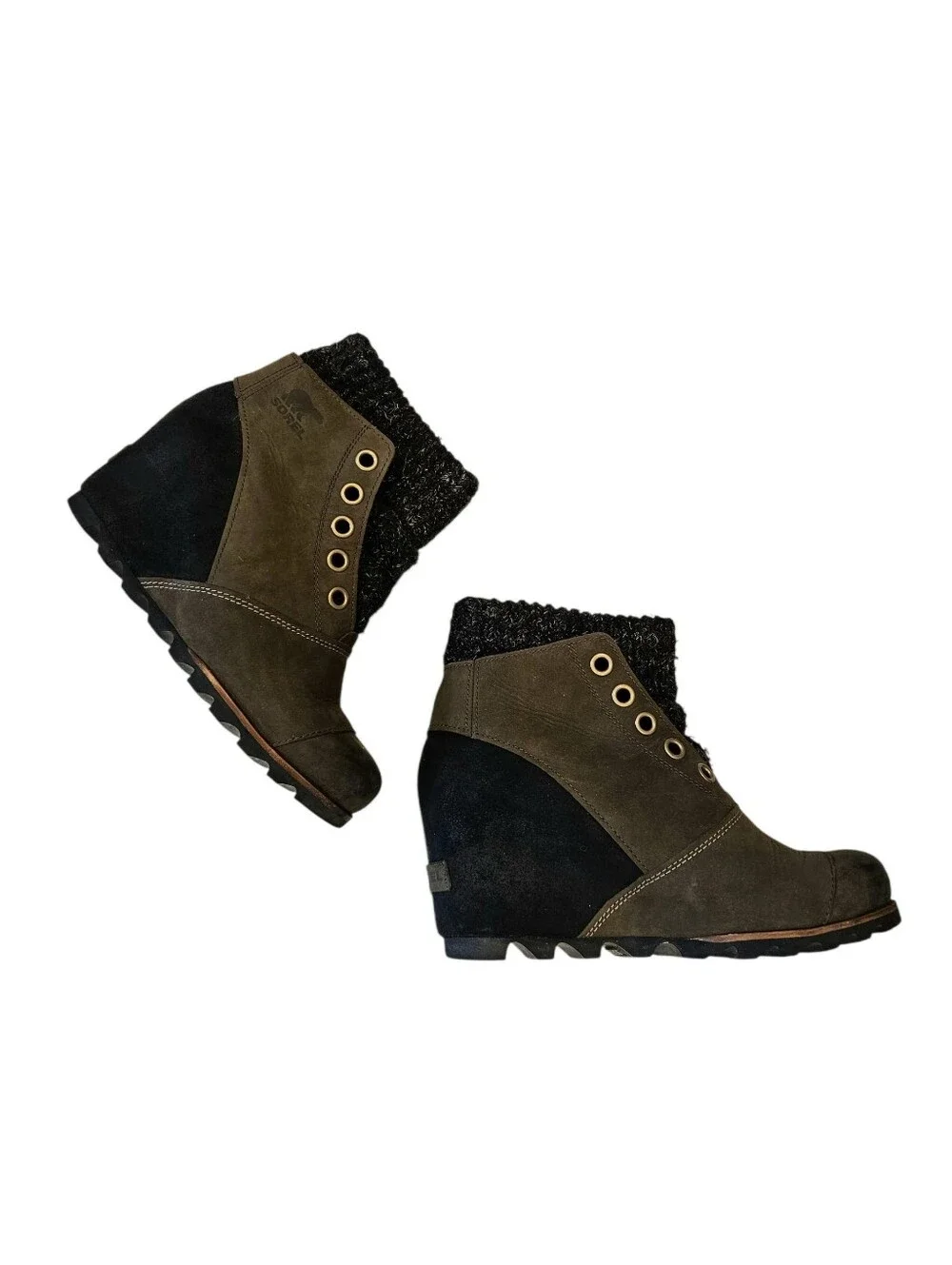Sorel Joanie Sweater Olive Brown Wedge Ankle Boots Dark Knit Cuff 8.5